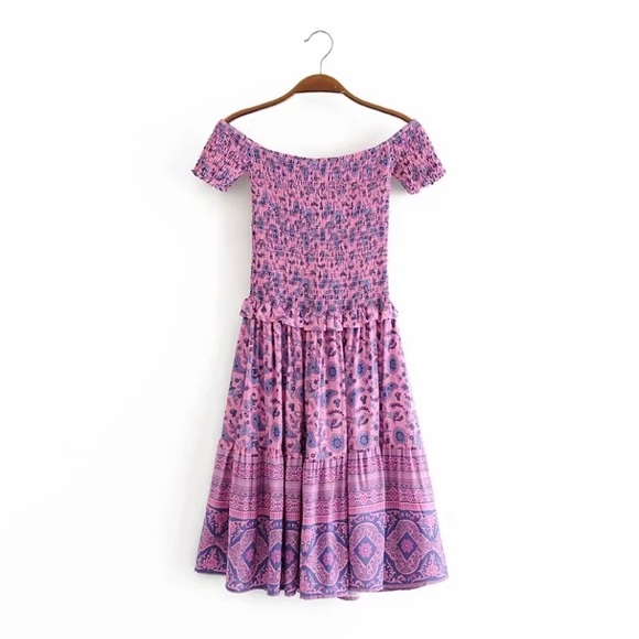 Purple Pink Floral Smocked Boho Off Shoulder Dress - Picture 7 of 8